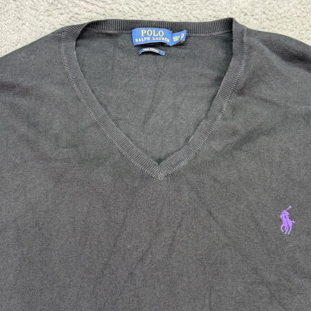 Polo Ralph Lauren Sweater Mens 4XLT Black Pima Cotton V-Neck Purple Pony Logo